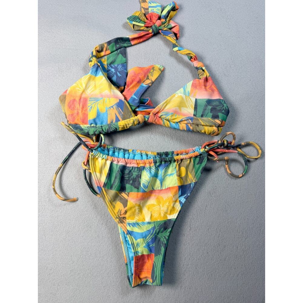 O'Neill Triangle Bikini Set Tropical Floral Print Halter Thong Medium